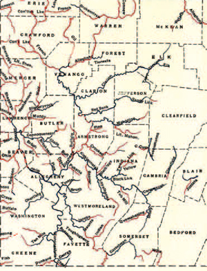 A map of waterways in Western Pennsylvania as published in A.E. Ortmann’s
1909 study. Ortmann identified the “good condition” waters in red and the
“unfit for life” waters in blue.