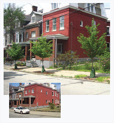 Fisk Street in Pittsburgh’s
Lawrenceville neighborhood,
before and after WPC staff
and volunteers planted
street trees.